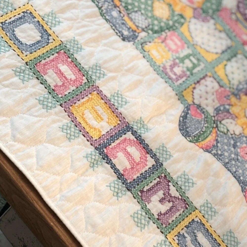 Vintage Clown Cross Stitched Baby Quilt. Blanket| Sweet Dreams |Pastel 39.5x28.5